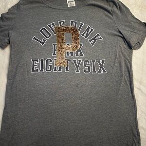 PINK Victoria's Secret Gray Tee with Gold Sequin Lettering